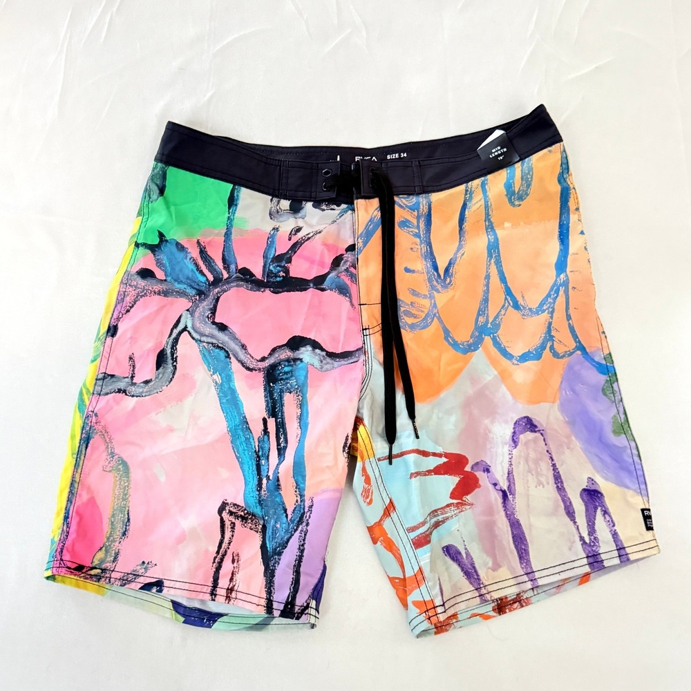 RVCA Mens Board Shorts Size 34 Multi Color Abstract Painterly Mid Length Trunks